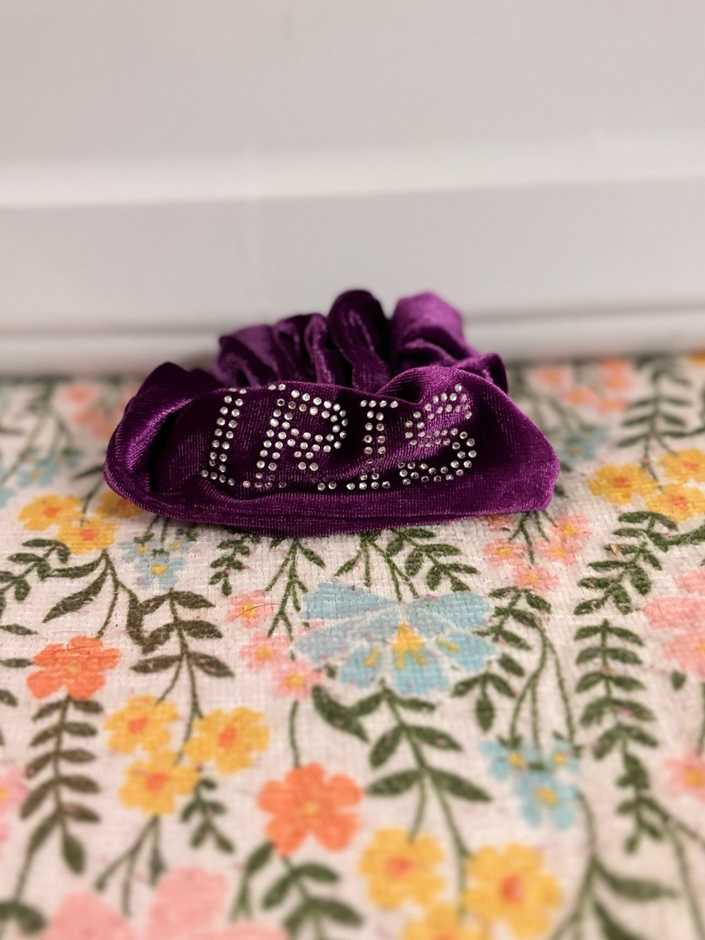 Purple Velvet Hair Scrunchie with Rhinestone IRIS Logo